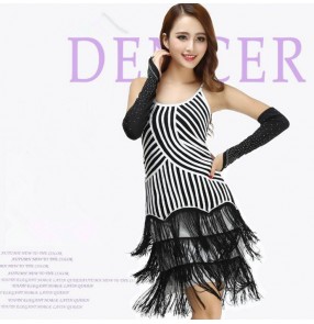 White black red black striped  v neck sleeveless fringes tassels performance latin salsa cha cha dance dresses outfit